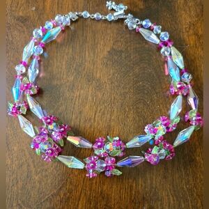 Rare Find Vendôme Austrian Crystal Beads Two Strand 60's Necklace Pink, Green AB